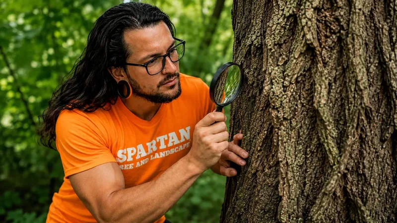 Arborist inspecting a stressed maple tree in a Rochester NY yard